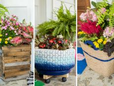Save money this summer by upcycling items you already have into inexpensive yet oh-so-pretty planters.