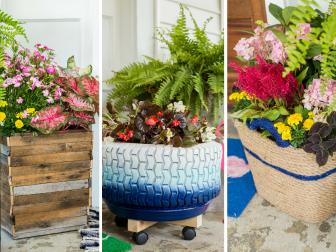 Save money this summer by upcycling items you already have into inexpensive yet oh-so-pretty planters.