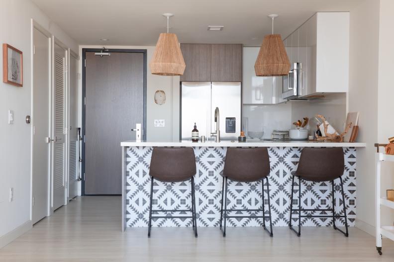 Small Kitchen With Bold Wallpaper Pattern