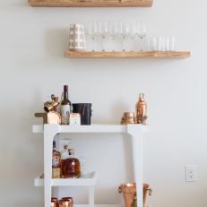 Floating Shelves, Modern Bar Cart, Copper Barware Add Chic Detail to Drink Station