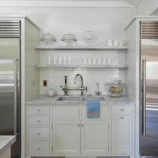Gray Marble Kitchen Sink with Matching Floating Shelves and Subway Tile Backsplash