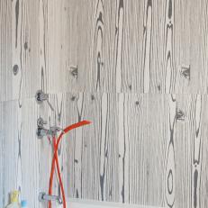 Kids' Bathroom With Wood-Inspired Wall Treatment