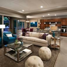 Contemporary Open Concept Living And Dining Room With Jewel Tones And Metallic Finishes