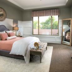 Traditional Master Bedroom With Contemporary Accents And Upholstered Bed And Headboard