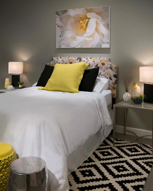 Contemporary Guest Bedroom With White And Yellow Accents And