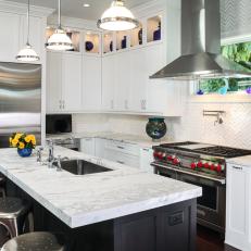 Contemporary Black And White Kitchen With Marble Work Island And Stainless Steel Appliances