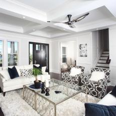 Contemporary Black And White Living Room With Coffered Ceiling And Modern Accessories
