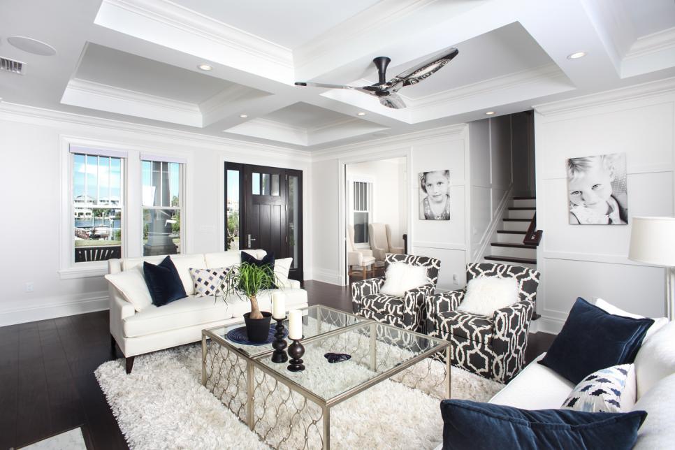 White Living Room With Coffered Ceiling, Black Accessories For Living Room