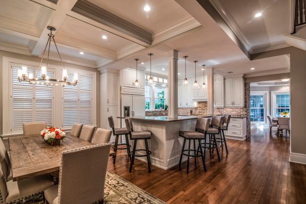 Contemporary Kitchen And Dining Area With Coffered Ceiling