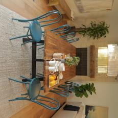 Rustic Neutral Dining Room with Blue Dining Chair