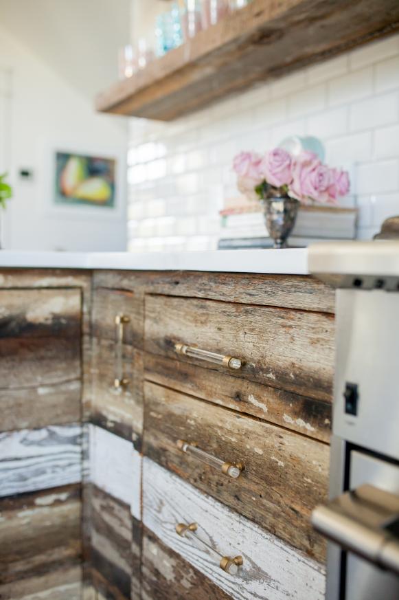 Closeup of Reclaimed-Wood Kitchen Cabinets
