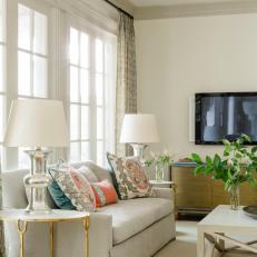Traditional Living Room With White And Metallic Accents