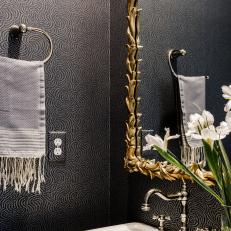 Contemporary Black And Gold Powder Room With Pedestal Sink