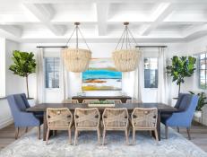 Coastal Dining Room With Blue Armchairs