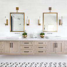 Neutral Double Vanity Bathroom With Brass Planters