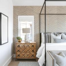 Neutral Coastal Bedroom With Striped Wallpaper