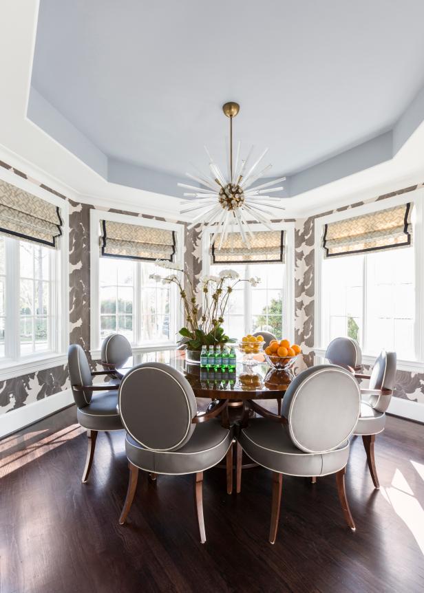 Modern Glam Dining Room With Gray And White Accents And Midcentury