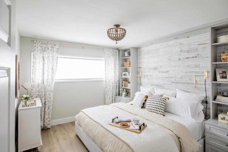 after, interior, master bedroom, built in shelves, wood accent wall, window