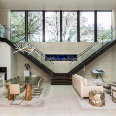 Neutral Contemporary Great Room With Staircases