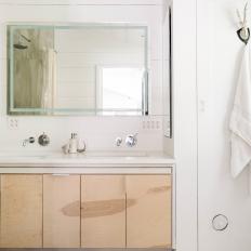 Bathroom Boasts Shiplap Walls, Wood Vanity