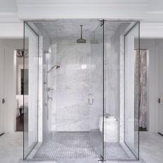 Traditional Master Bathroom White Marble And Glass Shower Enclosure
