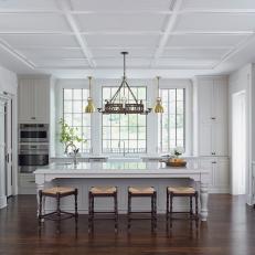 Classic White Country Farmhouse Kitchen With Tile Island With Seating