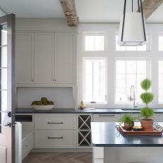 Contemporary White Cottage Kitchen with Exposed Beams