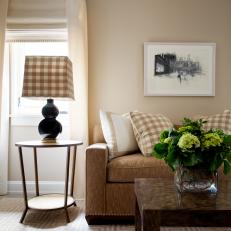 Brown Sofa With Gingham Design on Pillows and Lampshade