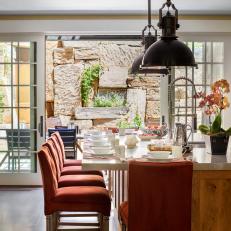 Kitchen Island, Industrial Lights and Stone Accent Wall