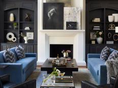 Contemporary Living Room With Modern Blue Sofas And Charcoal Bookcases