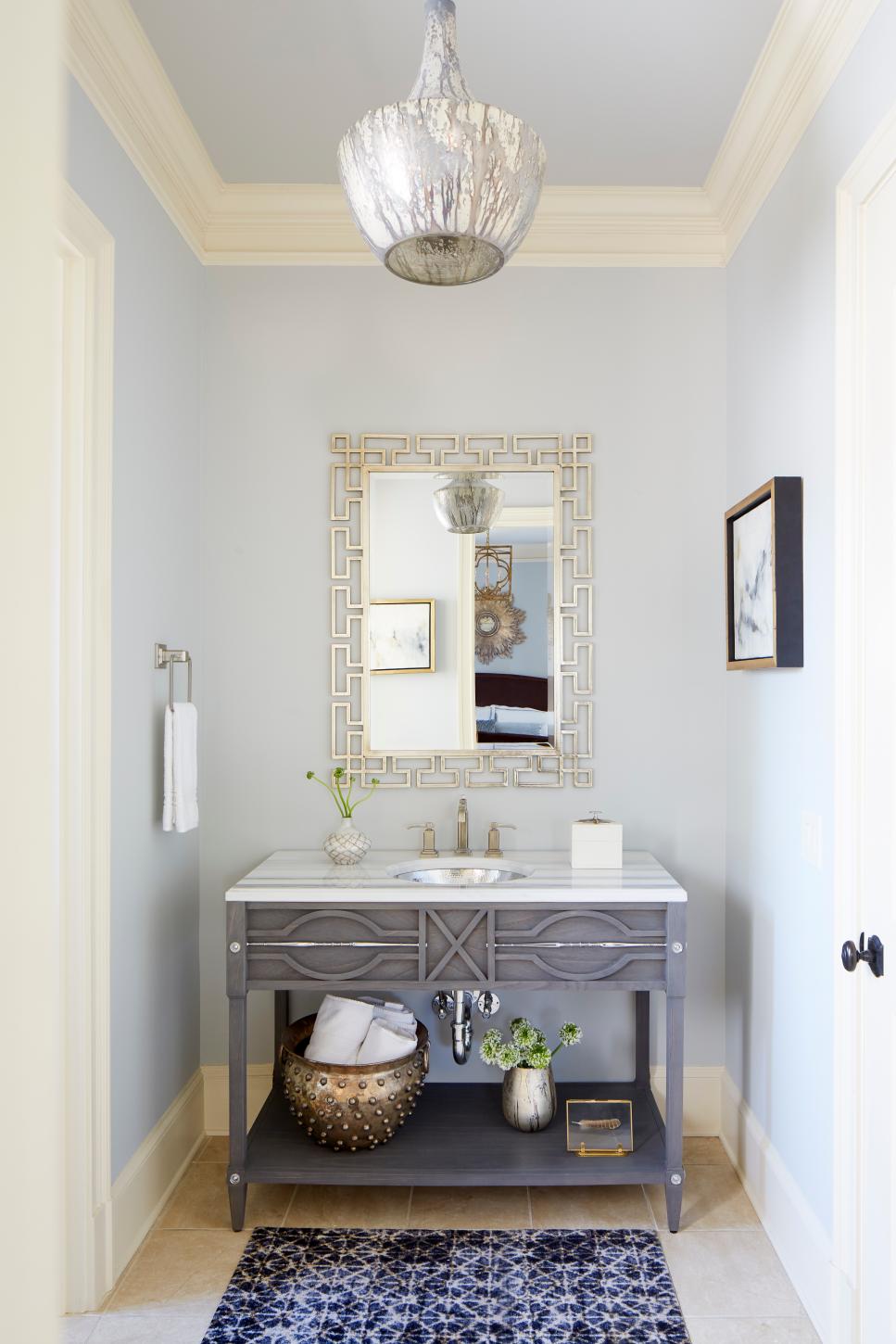 Gray Guest Bathroom With Modern Marble Top Vanity And Accessories | HGTV
