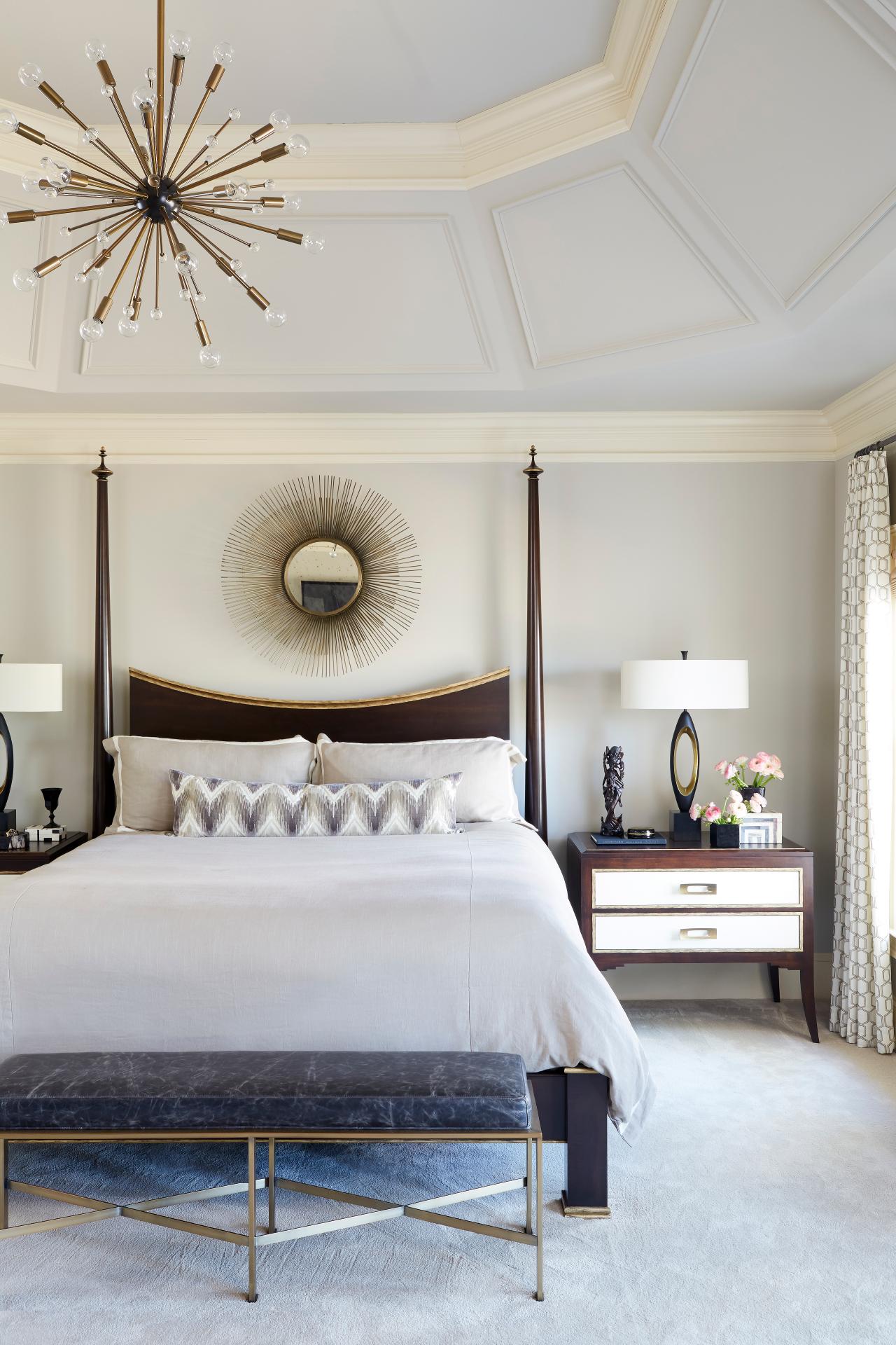 Gray Master Bedroom With Tray Ceiling And Modern Details And