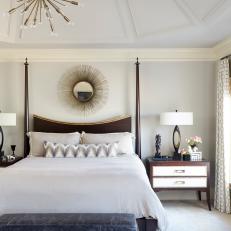 Gray Master Bedroom With Tray Ceiling And Modern Details And Accessories