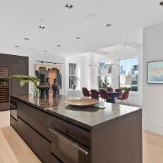 Large, Brown, Modern Kitchen Island With Built-In Appliances
