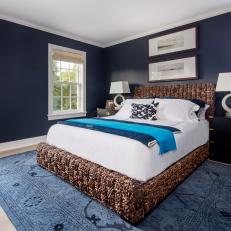 Blue Transitional Guest Bedroom With Woven Bed
