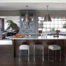 Gray Transitional Kitchen with Dark-Stained Island
