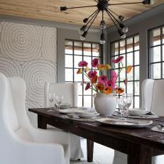White Transitional Dining Room with Graphic Wallpaper