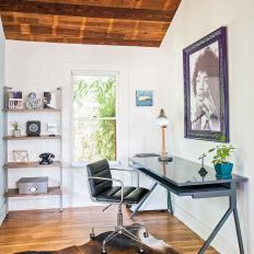 Small Transitional Home Office Has Reclaimed-Wood Ceiling