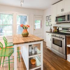 White Transitional Eat-In Kitchen Features Vibrant Green Barstools