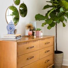 Mid-Century Modern Dresser with Mirrors and Fiddle-Leaf Fig