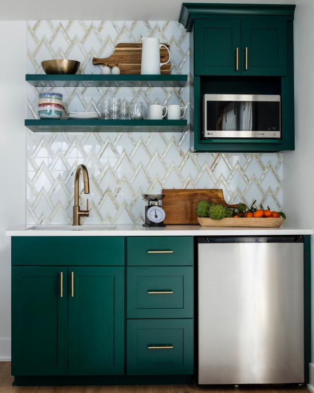 Colorful Guest House Kitchenette with Modern Tile Accents | HGTV