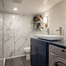Modern Tiny House White Bathroom And Laundry Room With Blue Accents