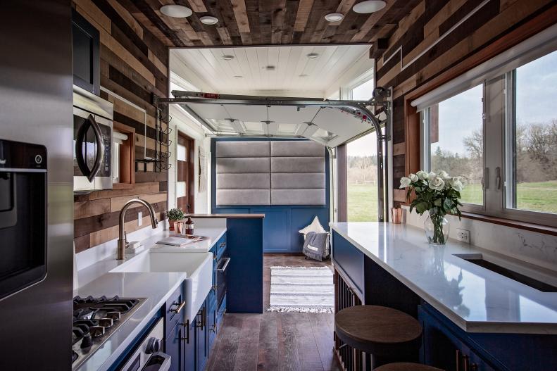Tiny House Open Concept Kitchen And Living Room With Retractable Door