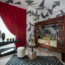 Modern Guest Bedroom With Black And White Wallpaper And Modern Art