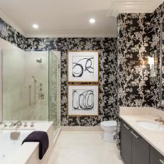 Contemporary Double Vanity Master Bathroom With Brown And Neutral Floral Wallpaper