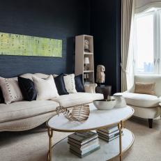 Contemporary Neutral Living Room Sitting Area With Navy Blue Accent Wall