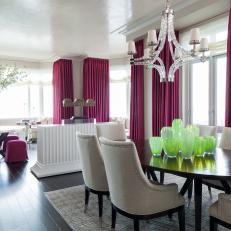 Contemporary Living Room And Dining Room With Neutral And Purple Accents