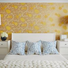 Gold Floral Wallpaper Accent in Guest Room