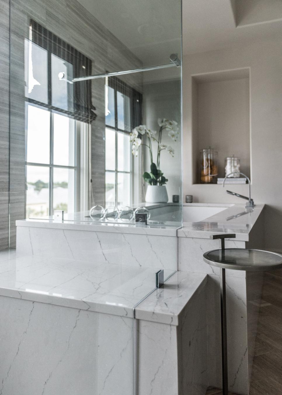 Gray Spa Bathroom With Marble Tub | HGTV