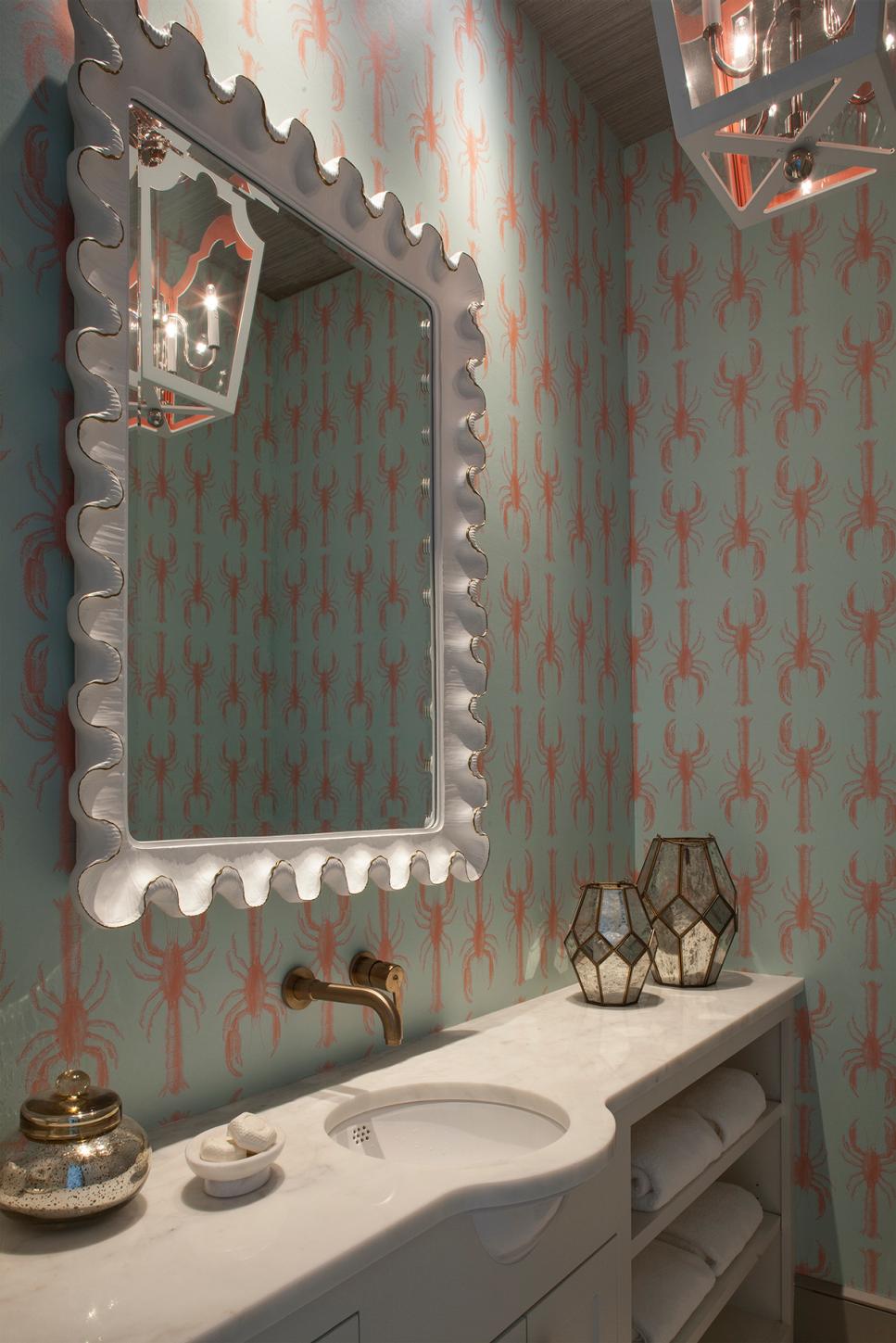 Coastal Powder Room With Lobster Wallpaper | HGTV